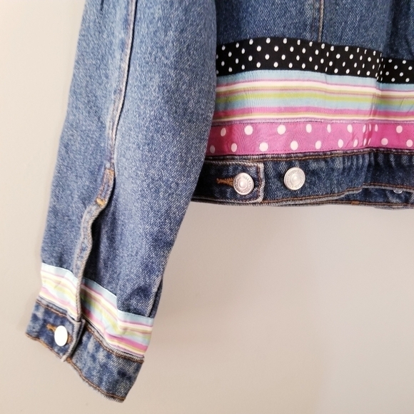 Vintage 90's Denim Jacket With Colourful Ribbon Details Size Medium Cotton - Picture 2 of 8